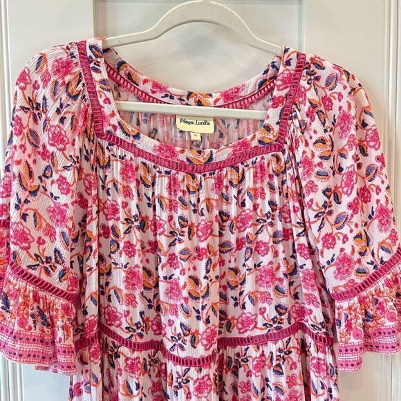 Playa Lucila Women’s Small Drop Waist Mini Dress in Multi Pink Floral Ruched - Picture 3 of 15